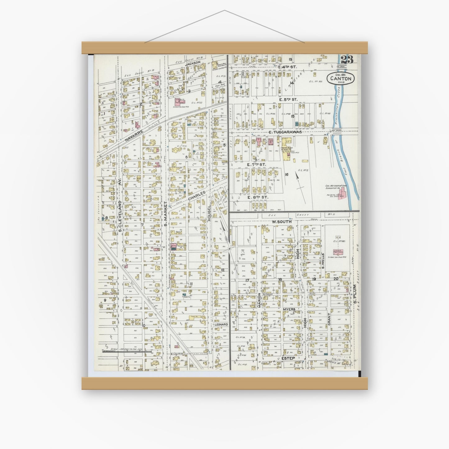 Old map wall art mockup — magnetic wood frame on white wall — Sanborn Fire Insurance Map from Canton, Stark County, Ohio (1891), Sheet #0023