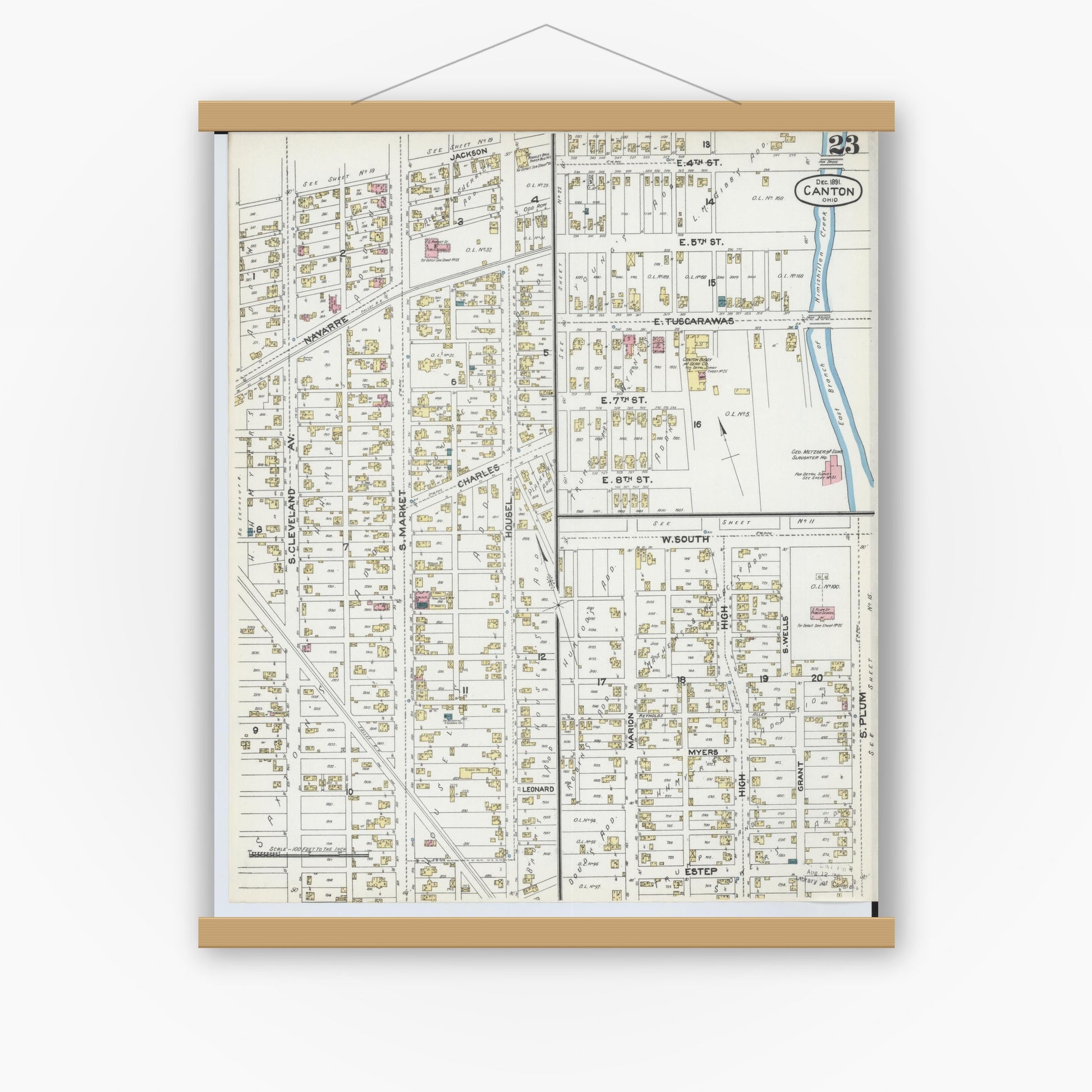 Old map wall art mockup — magnetic wood frame on white wall — Sanborn Fire Insurance Map from Canton, Stark County, Ohio (1891), Sheet #0023