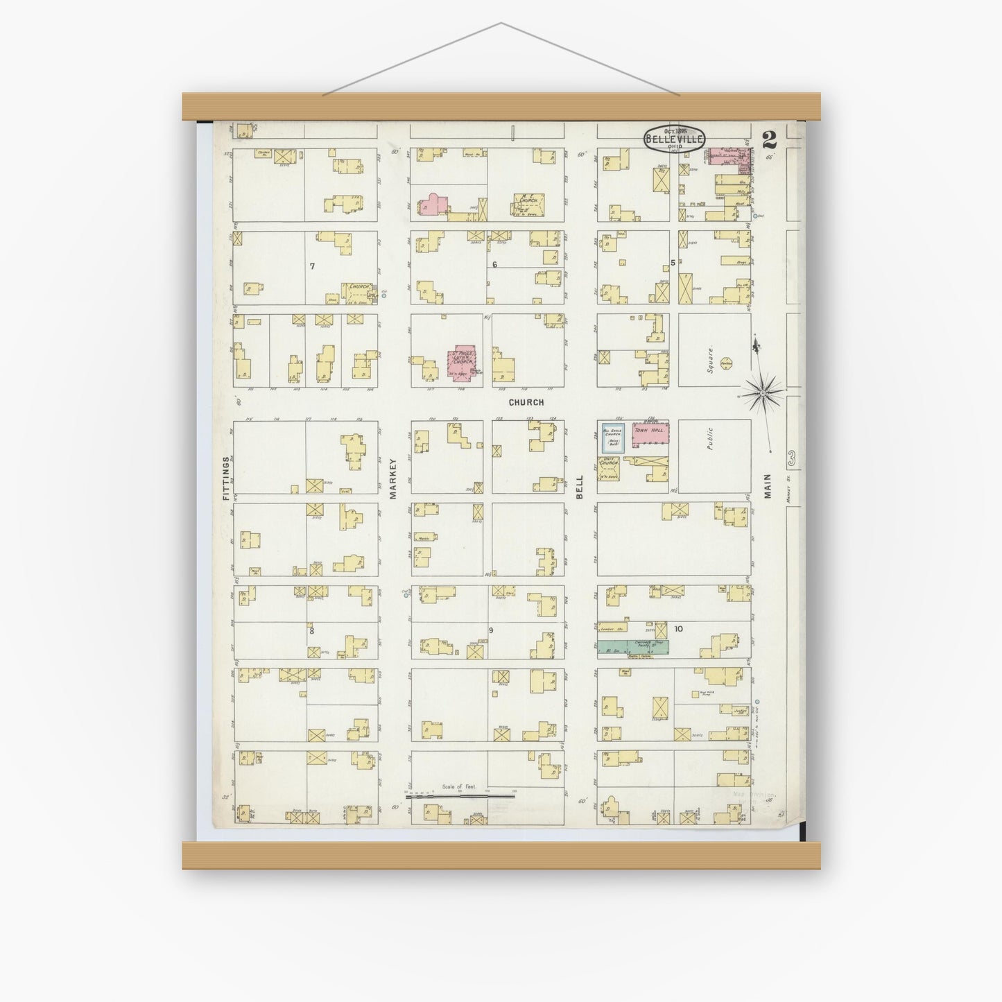 Old map wall art mockup — magnetic wood frame on white wall — Sanborn Fire Insurance Map from Bellville, Richland County, Ohio (1895), Sheet #0002