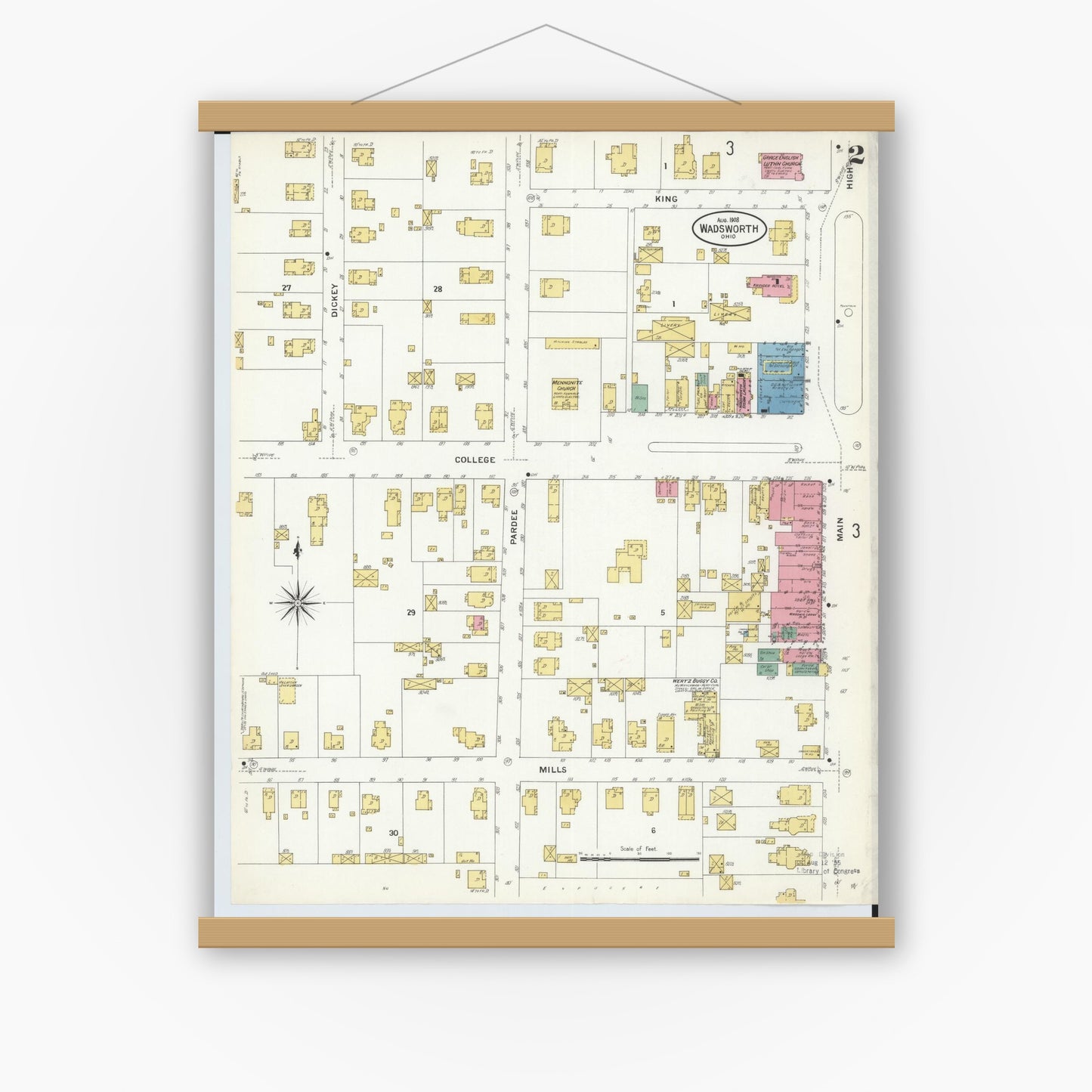 Old map wall art mockup — magnetic wood frame on white wall — Sanborn Fire Insurance Map from Wadsworth, Medina County, Ohio (1908), Sheet #0002