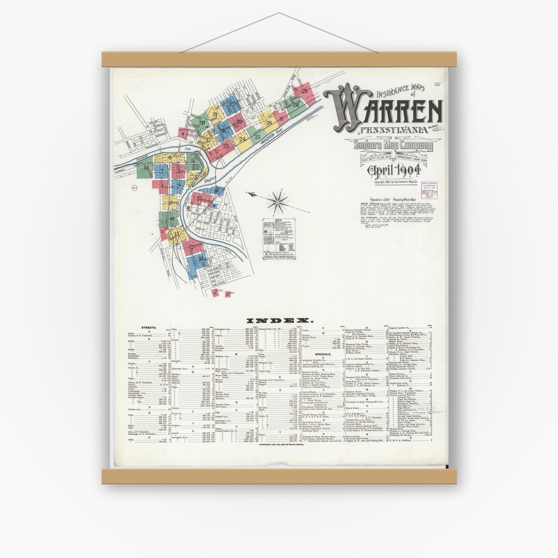 Old map wall art mockup — magnetic wood frame on white wall — Sanborn Fire Insurance Map from Warren, Warren County, Pennsylvania (1904) - Complete Map Set