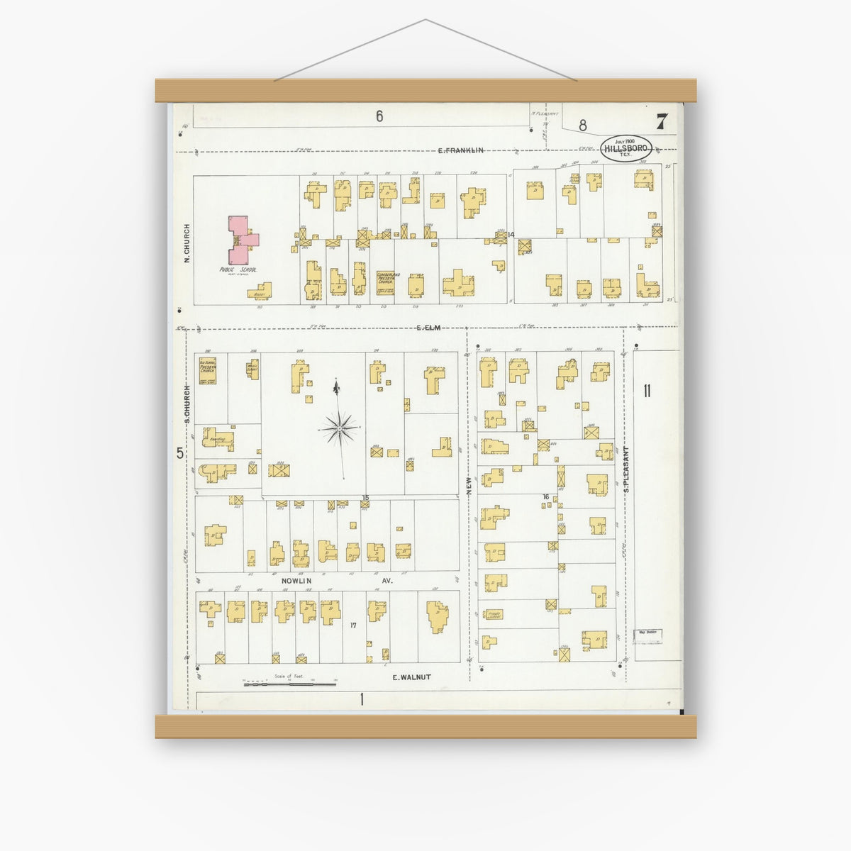 Old map wall art mockup — magnetic wood frame on white wall — Sanborn Fire Insurance Map from Hillsboro, Hill County, Texas (1900), Sheet #0007