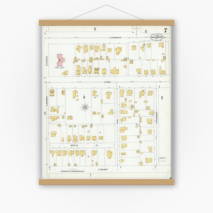 Old map wall art mockup — magnetic wood frame on white wall — Sanborn Fire Insurance Map from Hillsboro, Hill County, Texas (1900), Sheet #0007