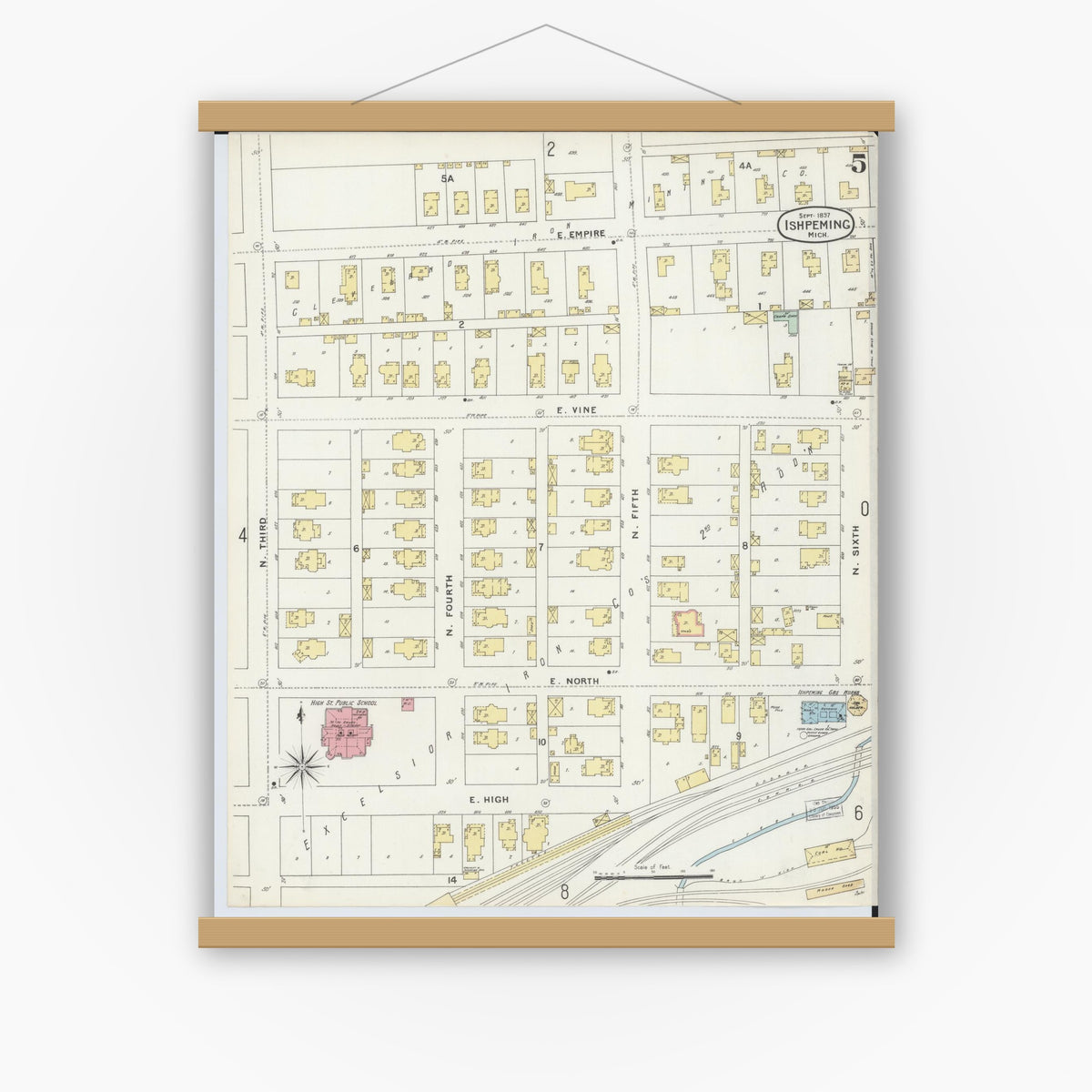 Old map wall art mockup — magnetic wood frame on white wall — Sanborn Fire Insurance Map from Ishpeming, Marquette County, Michigan (1897), Sheet #0005