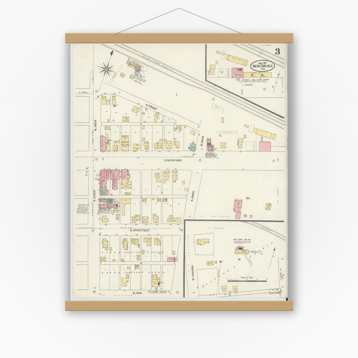 Old map wall art mockup — magnetic wood frame on white wall — Sanborn Fire Insurance Map from New Carlisle, Saint Joseph County, Indiana (1907), Sheet #0003