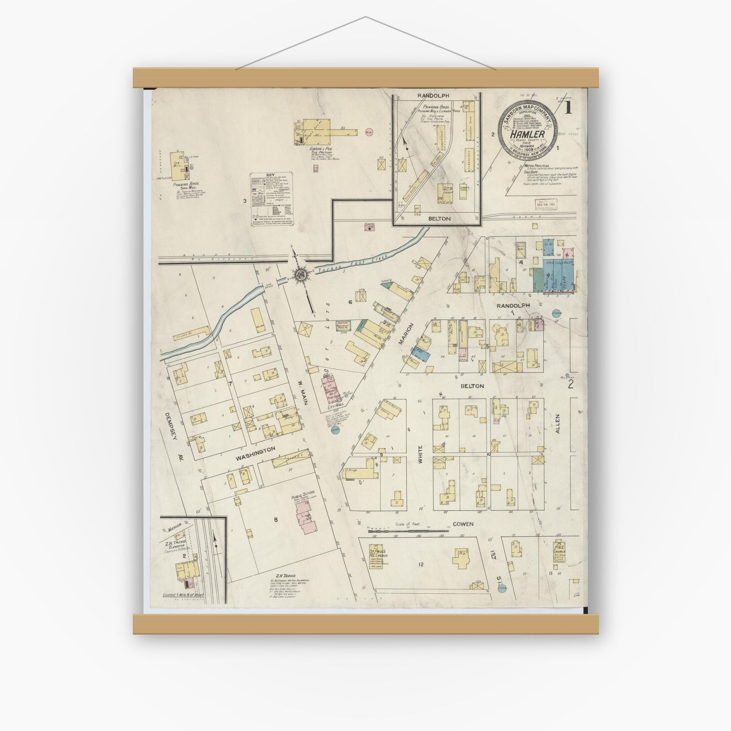 Old map wall art mockup — magnetic wood frame on white wall — Sanborn Fire Insurance Map from Hamler, Henry County, Ohio (1909) - Complete Map Set