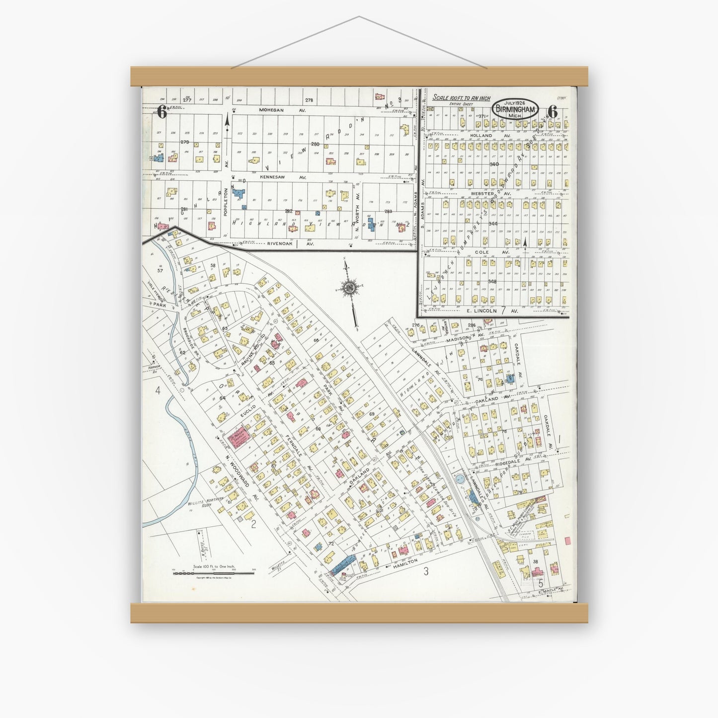 Old map wall art mockup — magnetic wood frame on white wall — Sanborn Fire Insurance Map from Birmingham, Oakland County, Michigan (1926), Sheet #0006