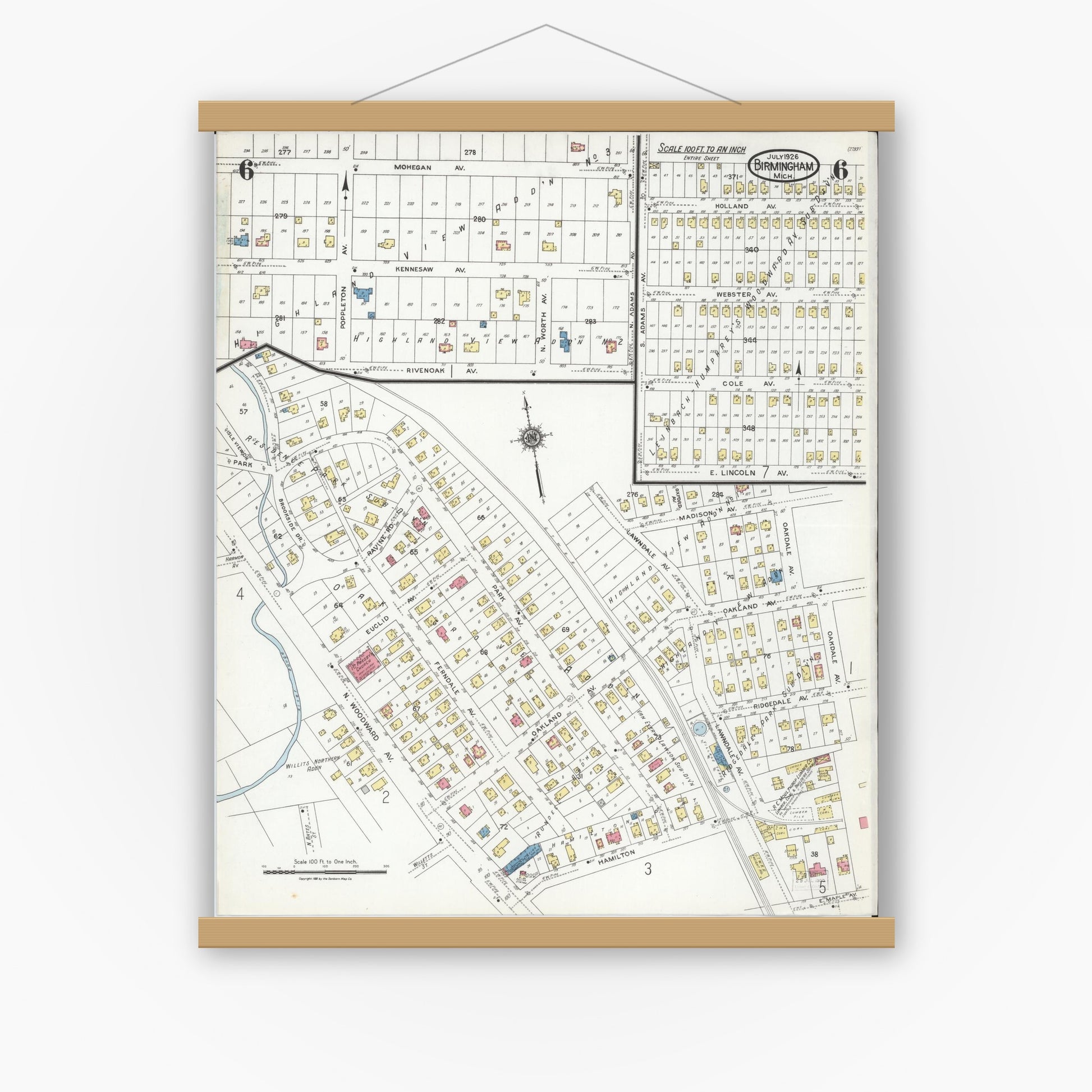 Old map wall art mockup — magnetic wood frame on white wall — Sanborn Fire Insurance Map from Birmingham, Oakland County, Michigan (1926), Sheet #0006