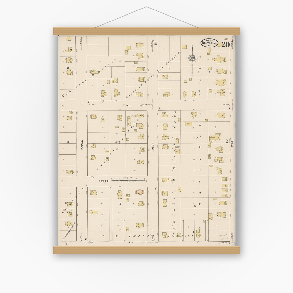Old map wall art mockup — magnetic wood frame on white wall — Sanborn Fire Insurance Map from Belvidere, Boone County, Illinois (1922), Sheet #0020