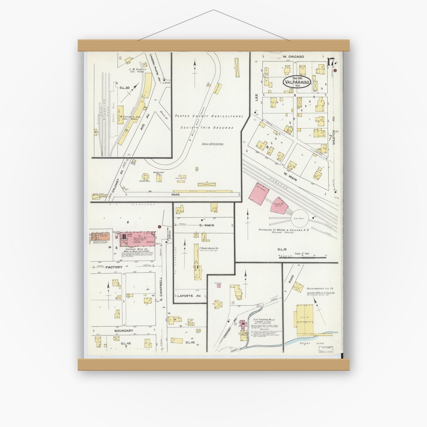 Old map wall art mockup — magnetic wood frame on white wall — Sanborn Fire Insurance Map from Valparaiso, Porter County, Indiana (1910), Sheet #0017