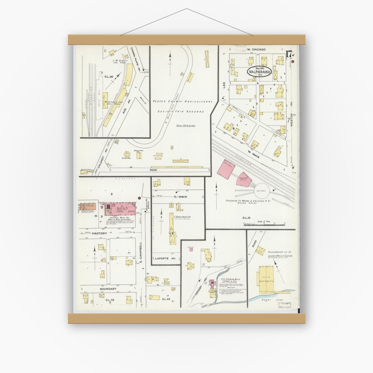 Old map wall art mockup — magnetic wood frame on white wall — Sanborn Fire Insurance Map from Valparaiso, Porter County, Indiana (1910), Sheet #0017