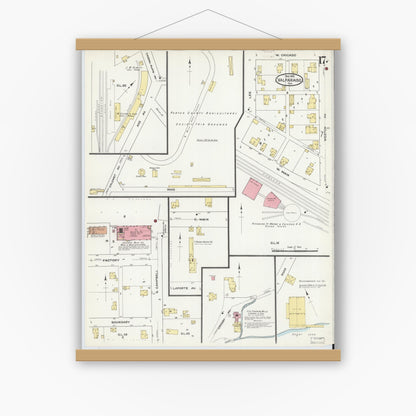 Old map wall art mockup — magnetic wood frame on white wall — Sanborn Fire Insurance Map from Valparaiso, Porter County, Indiana (1910), Sheet #0017
