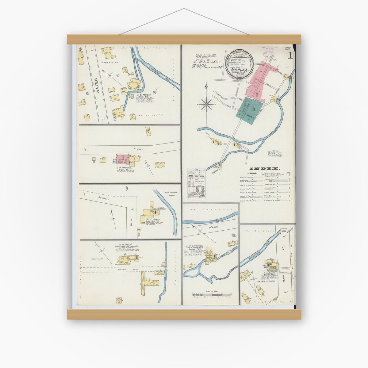 Old map wall art mockup — magnetic wood frame on white wall — Sanborn Fire Insurance Map from Naples, Ontario County, New York (1893) - Complete Map Set