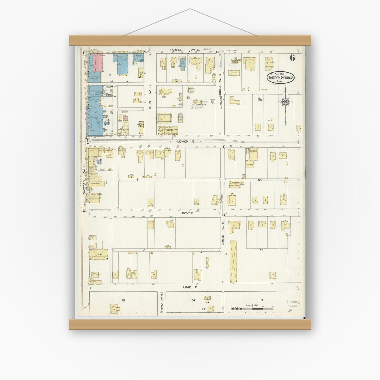 Old map wall art mockup — magnetic wood frame on white wall — Sanborn Fire Insurance Map from Tarpon Springs, Pinellas County, Florida (1913), Sheet #0006
