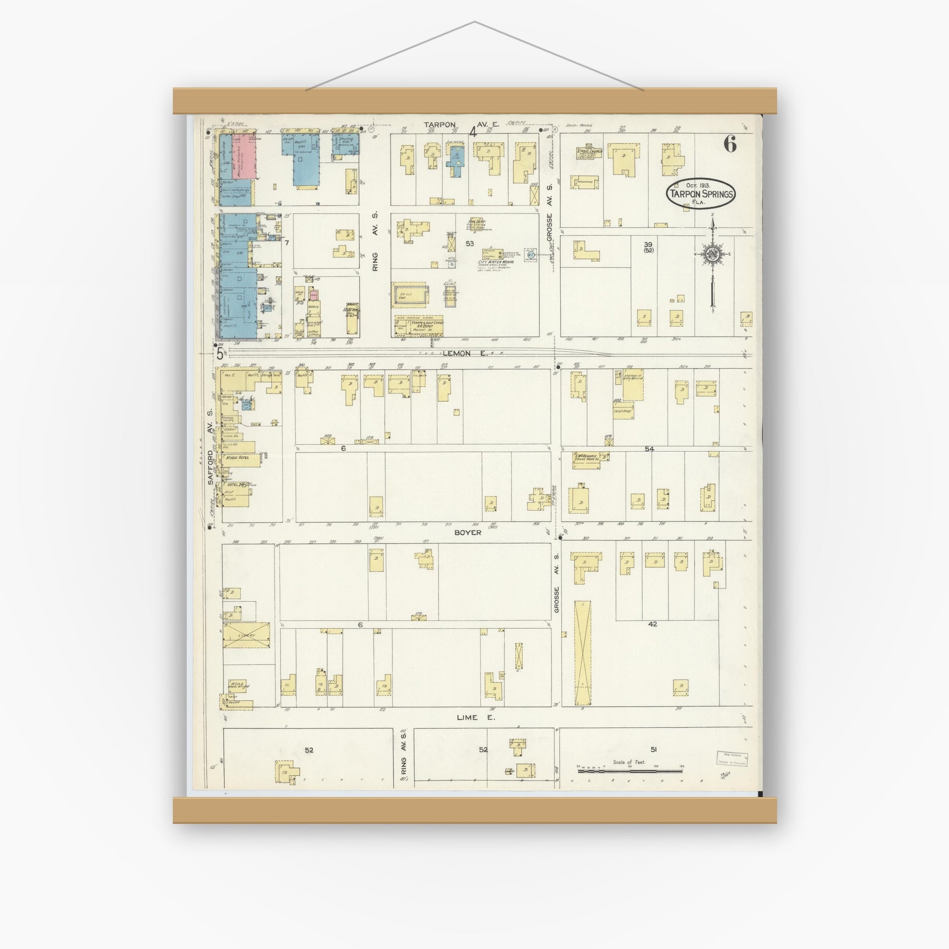 Old map wall art mockup — magnetic wood frame on white wall — Sanborn Fire Insurance Map from Tarpon Springs, Pinellas County, Florida (1913), Sheet #0006