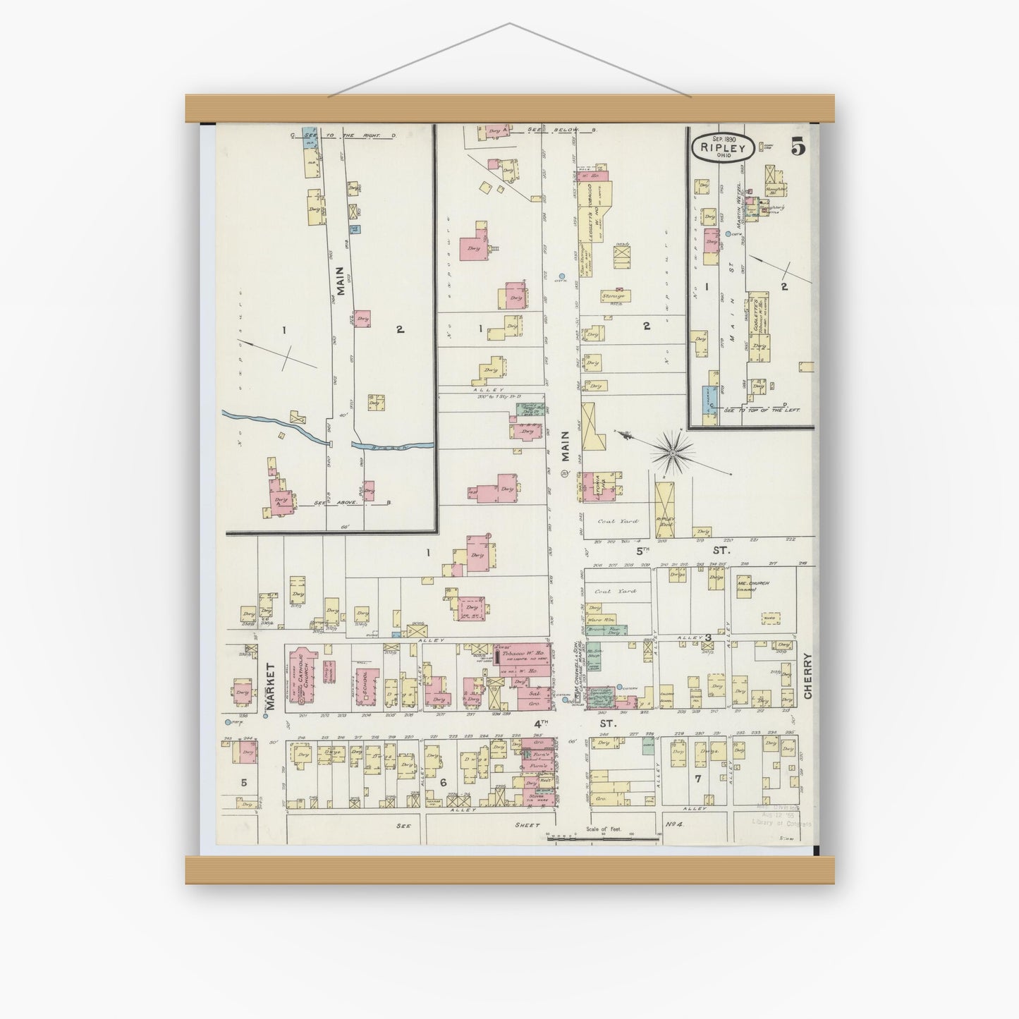 Old map wall art mockup — magnetic wood frame on white wall — Sanborn Fire Insurance Map from Ripley, Brown County, Ohio (1890), Sheet #0005