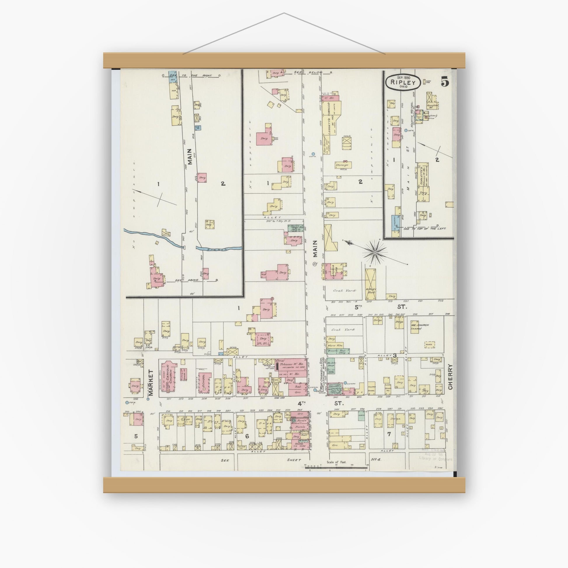 Old map wall art mockup — magnetic wood frame on white wall — Sanborn Fire Insurance Map from Ripley, Brown County, Ohio (1890), Sheet #0005
