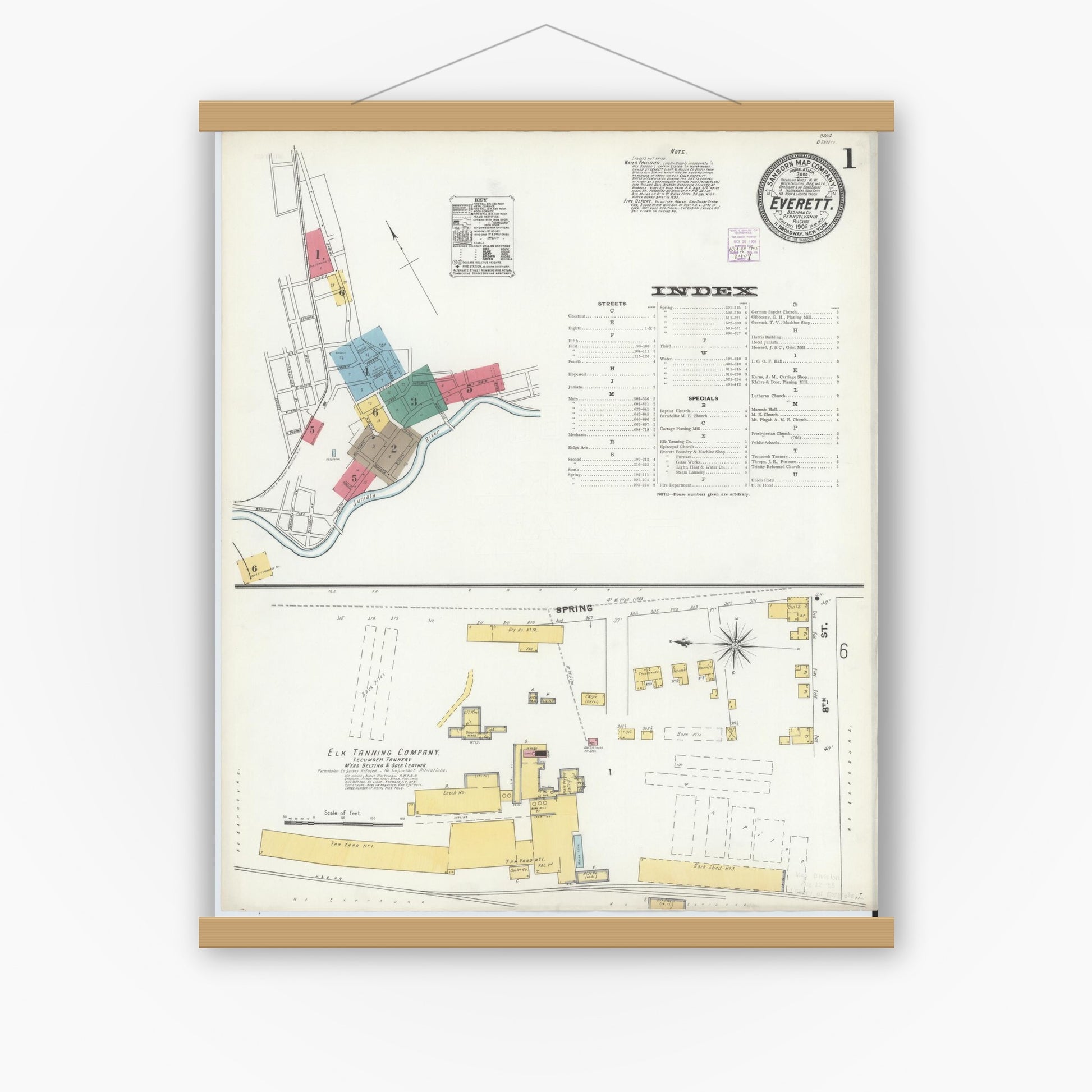 Old map wall art mockup — magnetic wood frame on white wall — Sanborn Fire Insurance Map from Everett, Bedford County, Pennsylvania (1905), Sheet #0001