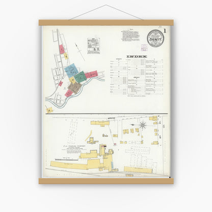 Old map wall art mockup — magnetic wood frame on white wall — Sanborn Fire Insurance Map from Everett, Bedford County, Pennsylvania (1905), Sheet #0001