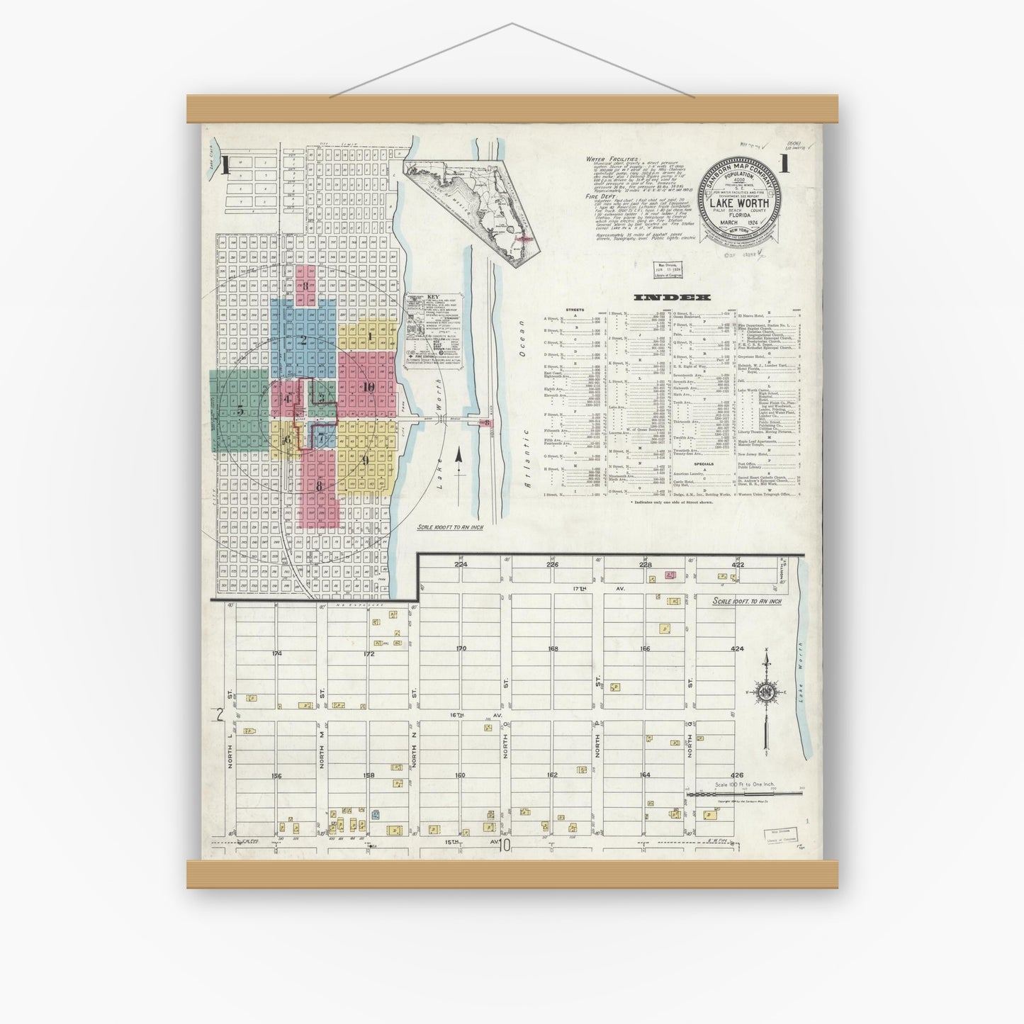 Old map wall art mockup — magnetic wood frame on white wall — Sanborn Fire Insurance Map from Lake Worth, Palm Beach County, Florida (1924) - Complete Map Set