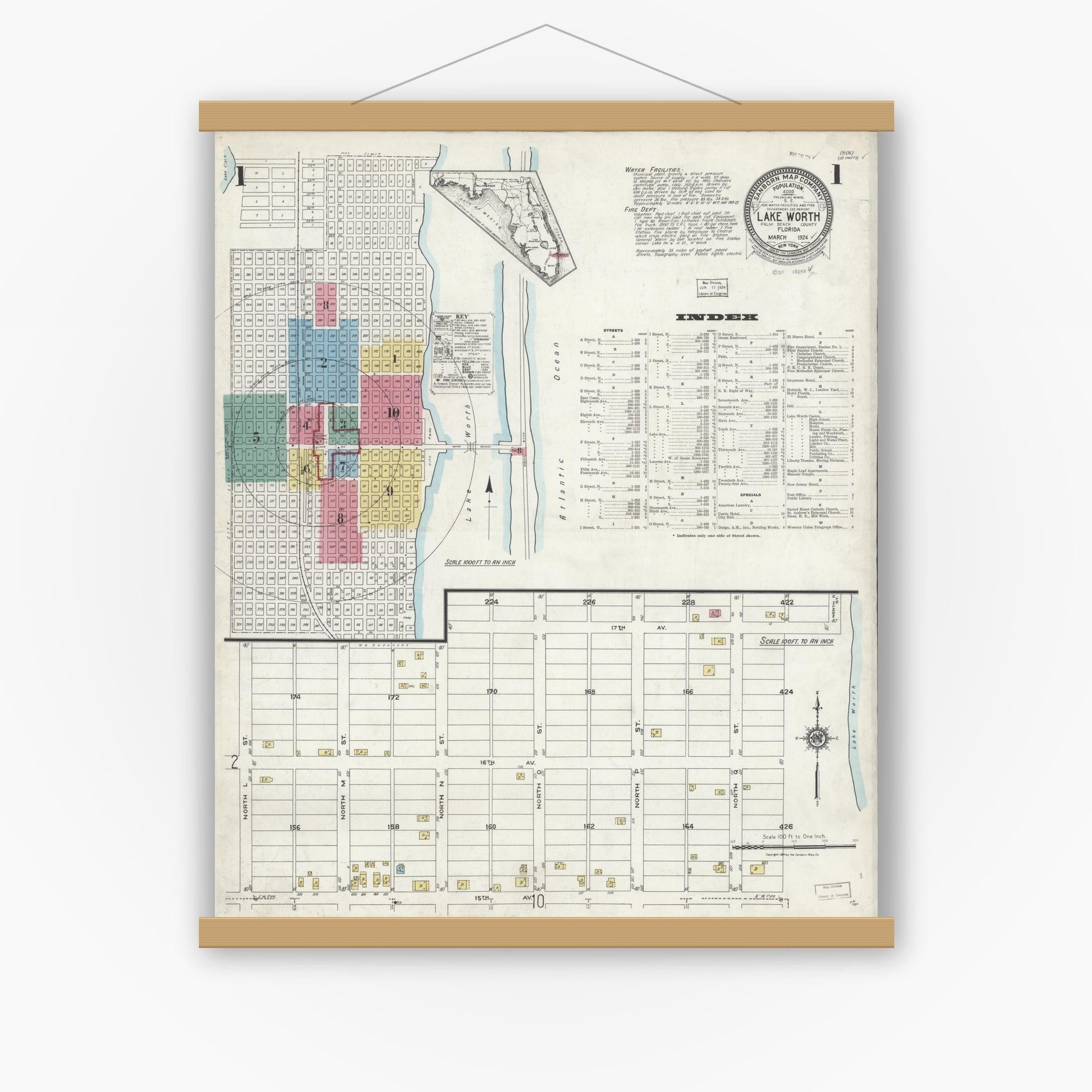 Old map wall art mockup — magnetic wood frame on white wall — Sanborn Fire Insurance Map from Lake Worth, Palm Beach County, Florida (1924) - Complete Map Set