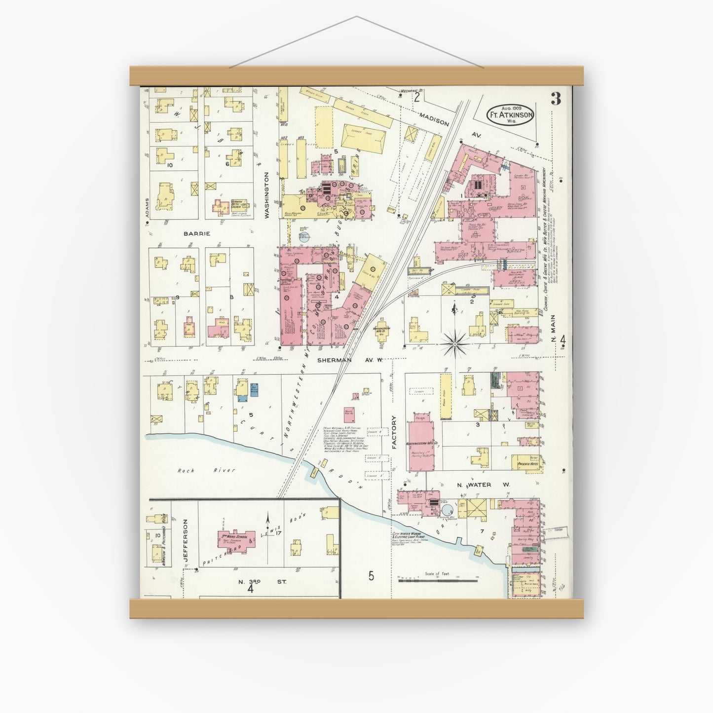 Old map wall art mockup — magnetic wood frame on white wall — Sanborn Fire Insurance Map from Fort Atkinson, Jefferson County, Wisconsin (1909), Sheet #0003