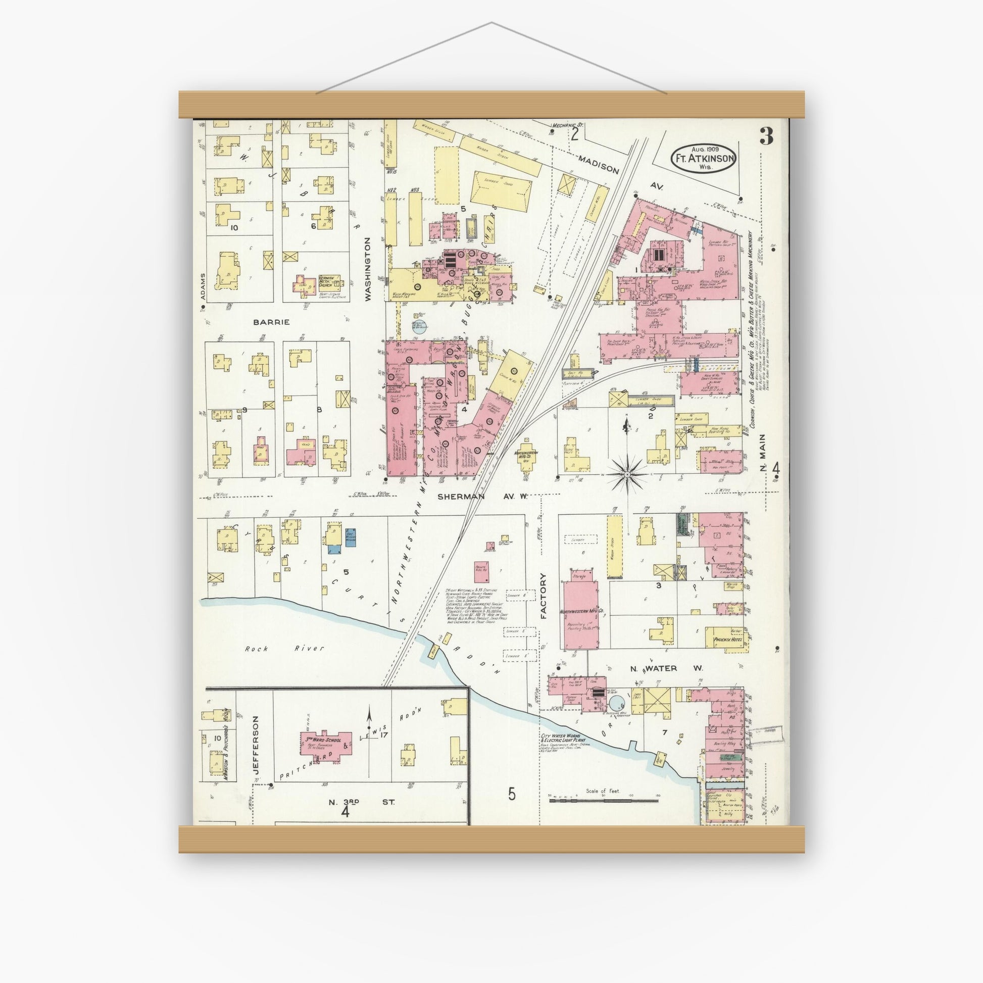 Old map wall art mockup — magnetic wood frame on white wall — Sanborn Fire Insurance Map from Fort Atkinson, Jefferson County, Wisconsin (1909), Sheet #0003