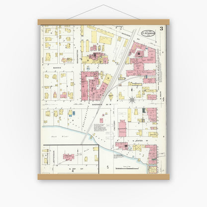 Old map wall art mockup — magnetic wood frame on white wall — Sanborn Fire Insurance Map from Fort Atkinson, Jefferson County, Wisconsin (1909), Sheet #0003