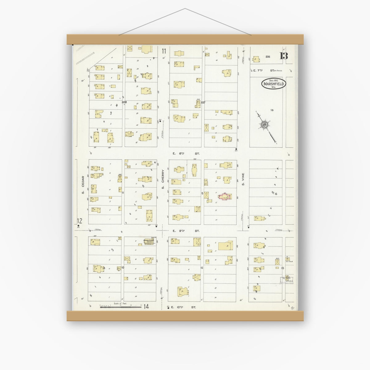 Old map wall art mockup — magnetic wood frame on white wall — Sanborn Fire Insurance Map from Marshfield, Wood County, Wisconsin (1912), Sheet #0013