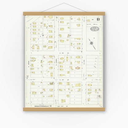 Old map wall art mockup — magnetic wood frame on white wall — Sanborn Fire Insurance Map from Marshfield, Wood County, Wisconsin (1912), Sheet #0013