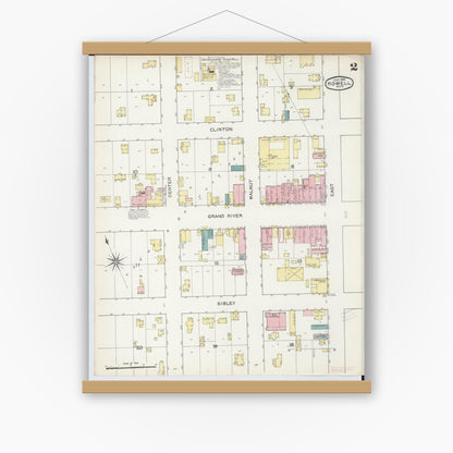 Old map wall art mockup — magnetic wood frame on white wall — Sanborn Fire Insurance Map from Howell, Livingston County, Michigan (1892), Sheet #0002