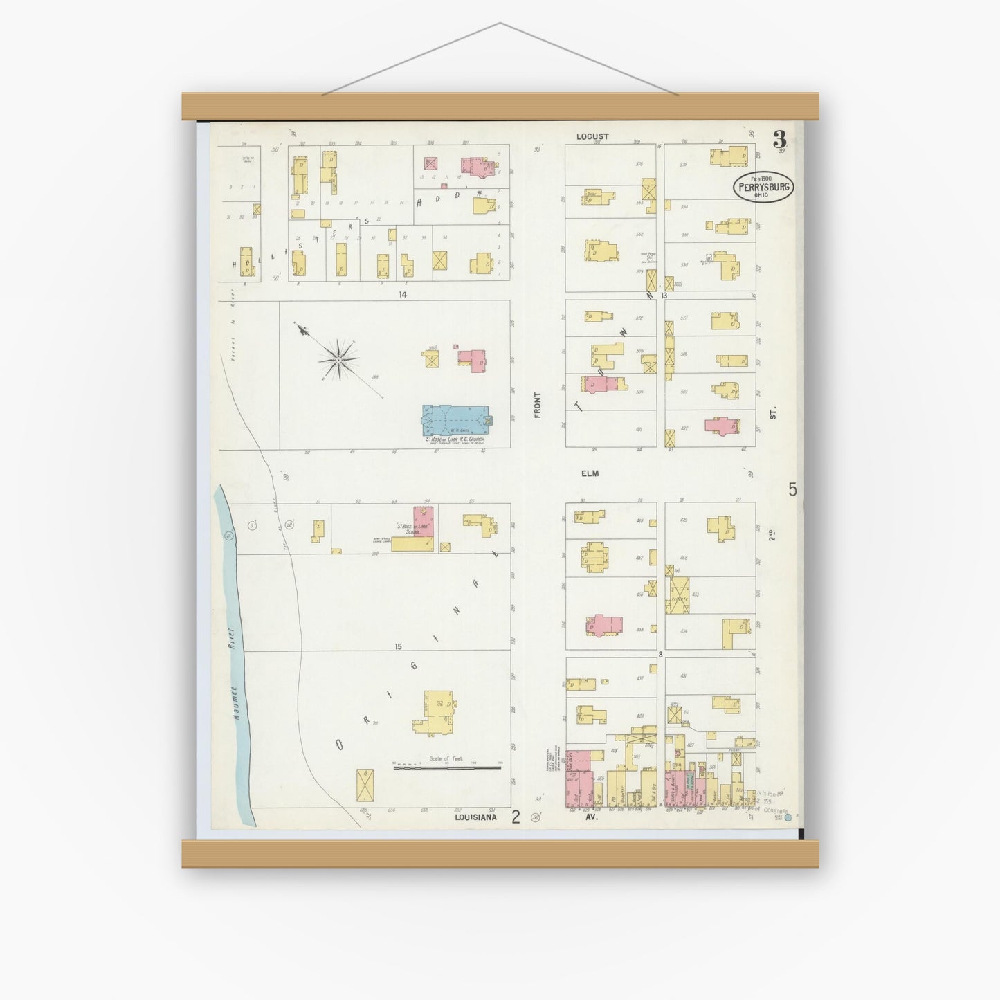 Old map wall art mockup — magnetic wood frame on white wall — Sanborn Fire Insurance Map from Perrysburg, Wood County, Ohio (1900), Sheet #0003