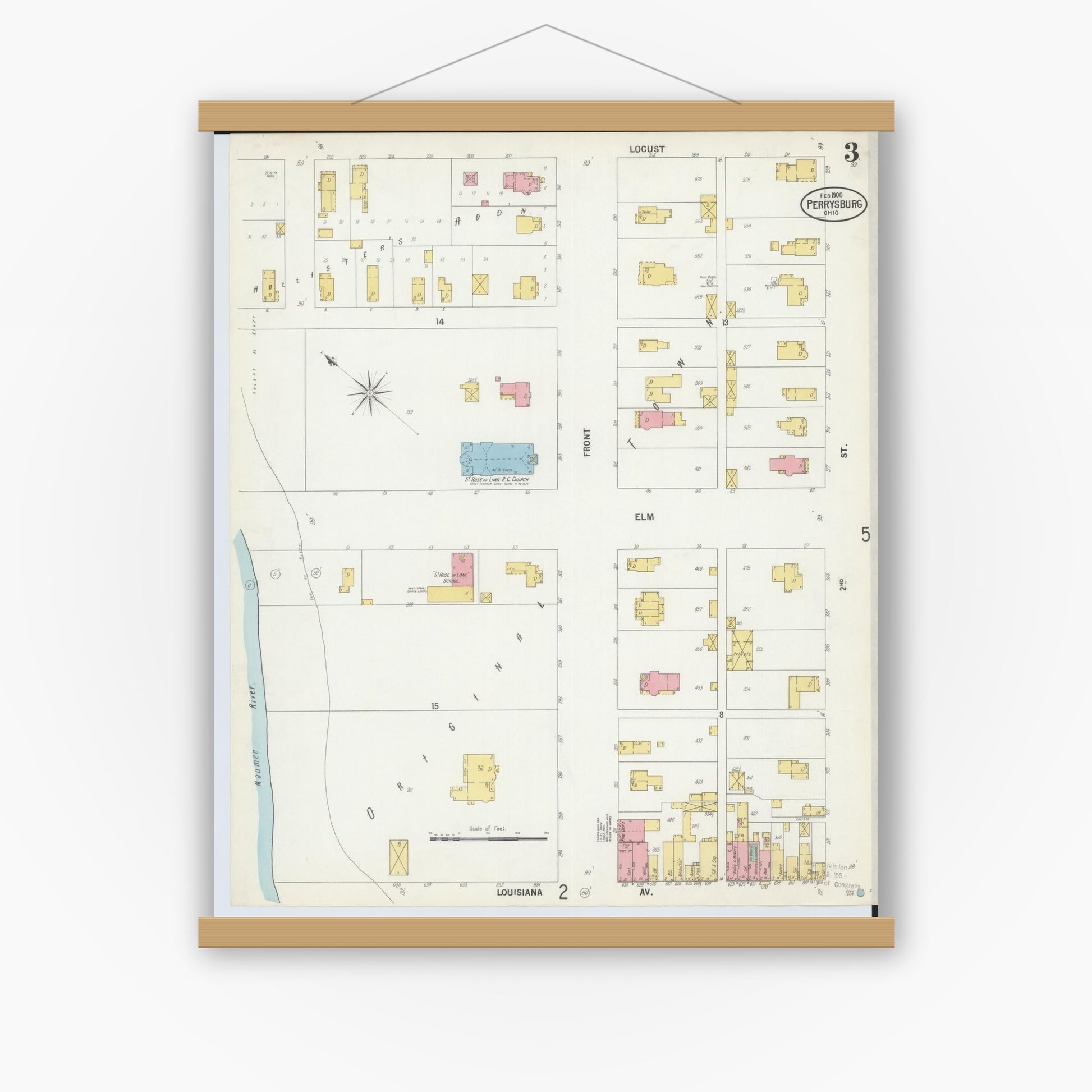 Old map wall art mockup — magnetic wood frame on white wall — Sanborn Fire Insurance Map from Perrysburg, Wood County, Ohio (1900), Sheet #0003