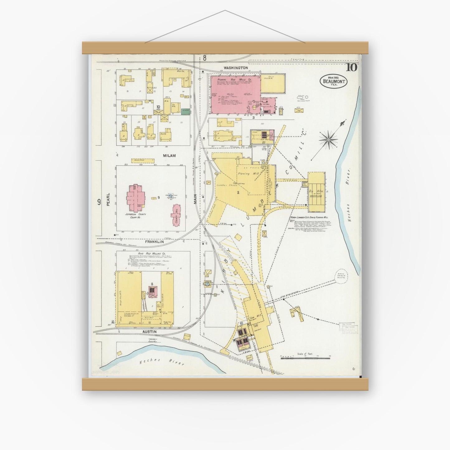 Old map wall art mockup — magnetic wood frame on white wall — Sanborn Fire Insurance Map from Beaumont, Jefferson County, Texas (1902), Sheet #0010