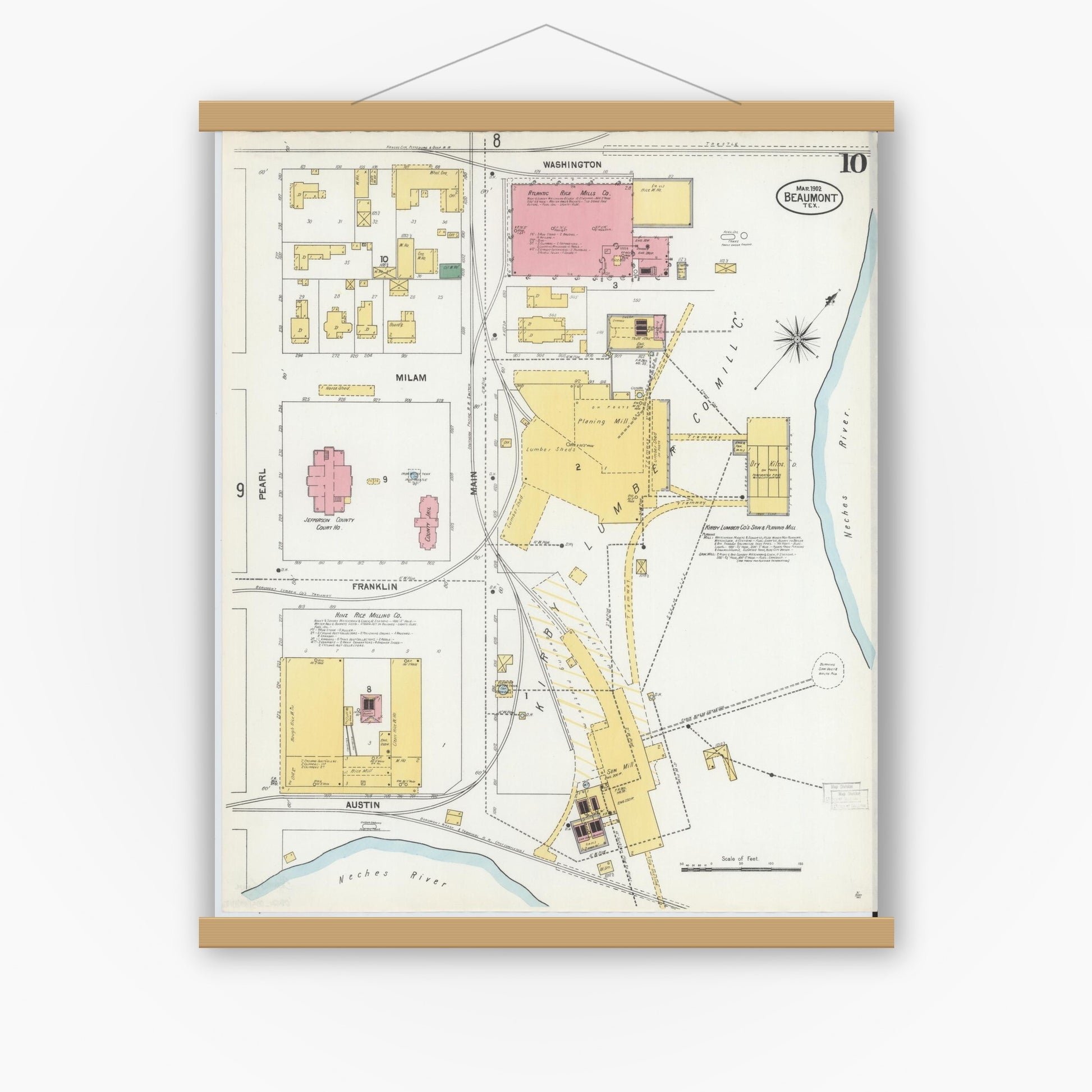 Old map wall art mockup — magnetic wood frame on white wall — Sanborn Fire Insurance Map from Beaumont, Jefferson County, Texas (1902), Sheet #0010