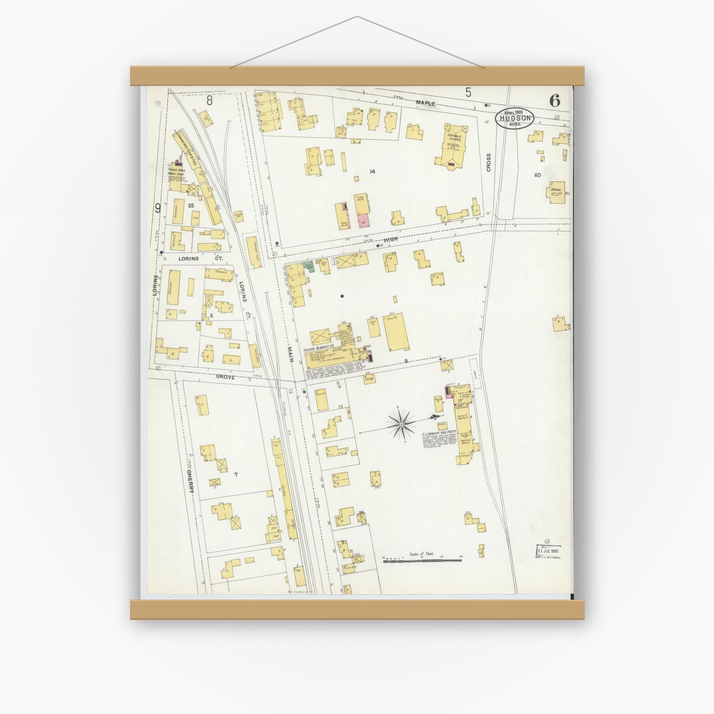 Old map wall art mockup — magnetic wood frame on white wall — Sanborn Fire Insurance Map from Hudson, Middlesex County, Massachusetts (1903), Sheet #0006