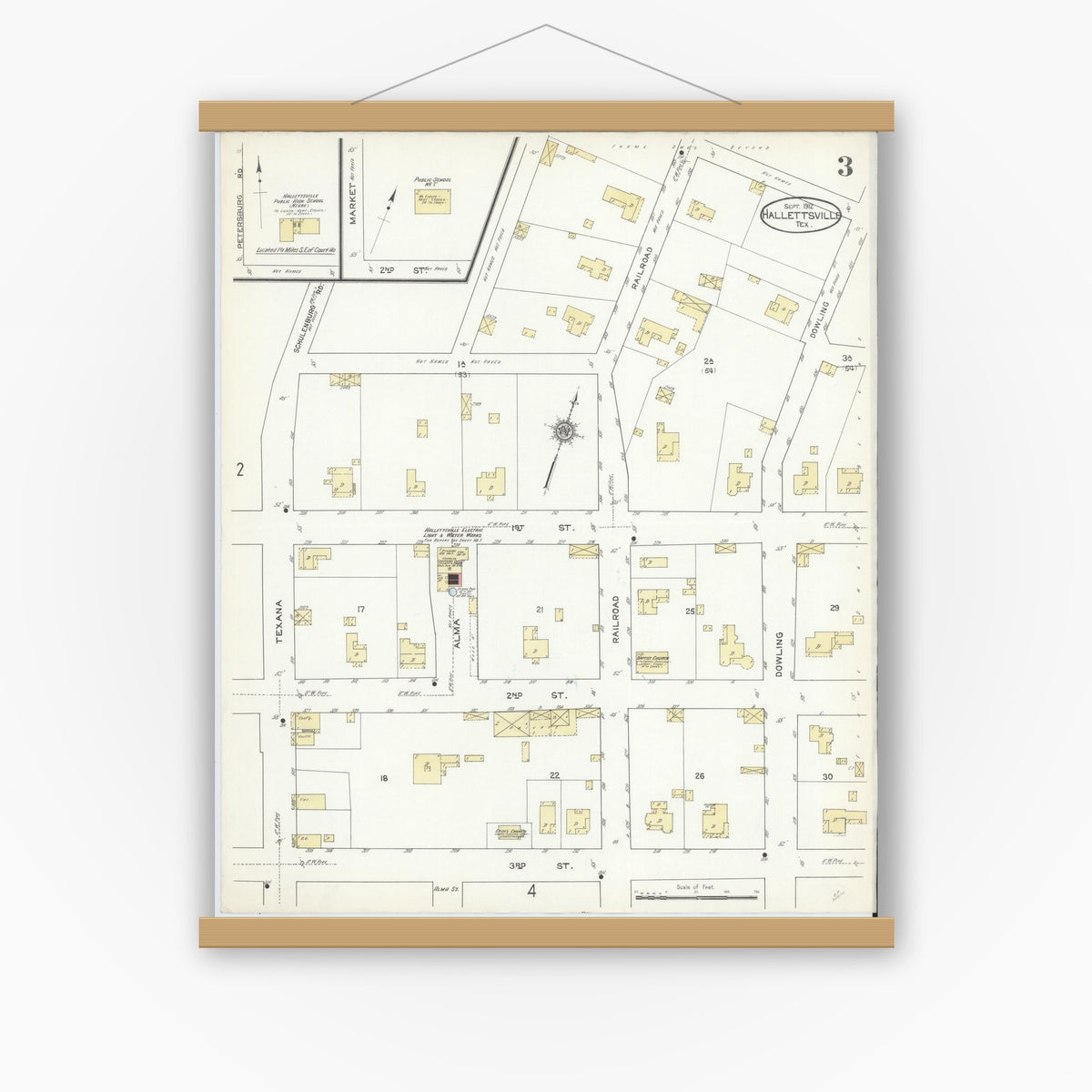 Old map wall art mockup — magnetic wood frame on white wall — Sanborn Fire Insurance Map from Hallettsville, Lavaca County, Texas (1912), Sheet #0003