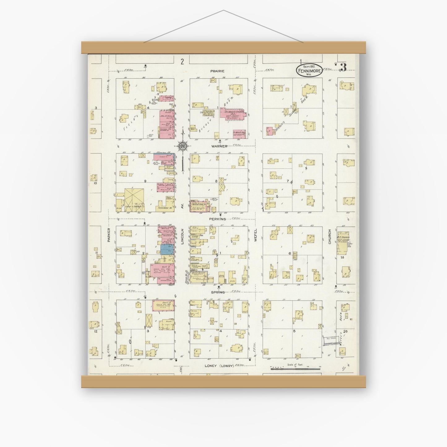 Old map wall art mockup — magnetic wood frame on white wall — Sanborn Fire Insurance Map from Fennimore, Grant County, Wisconsin (1912), Sheet #0003