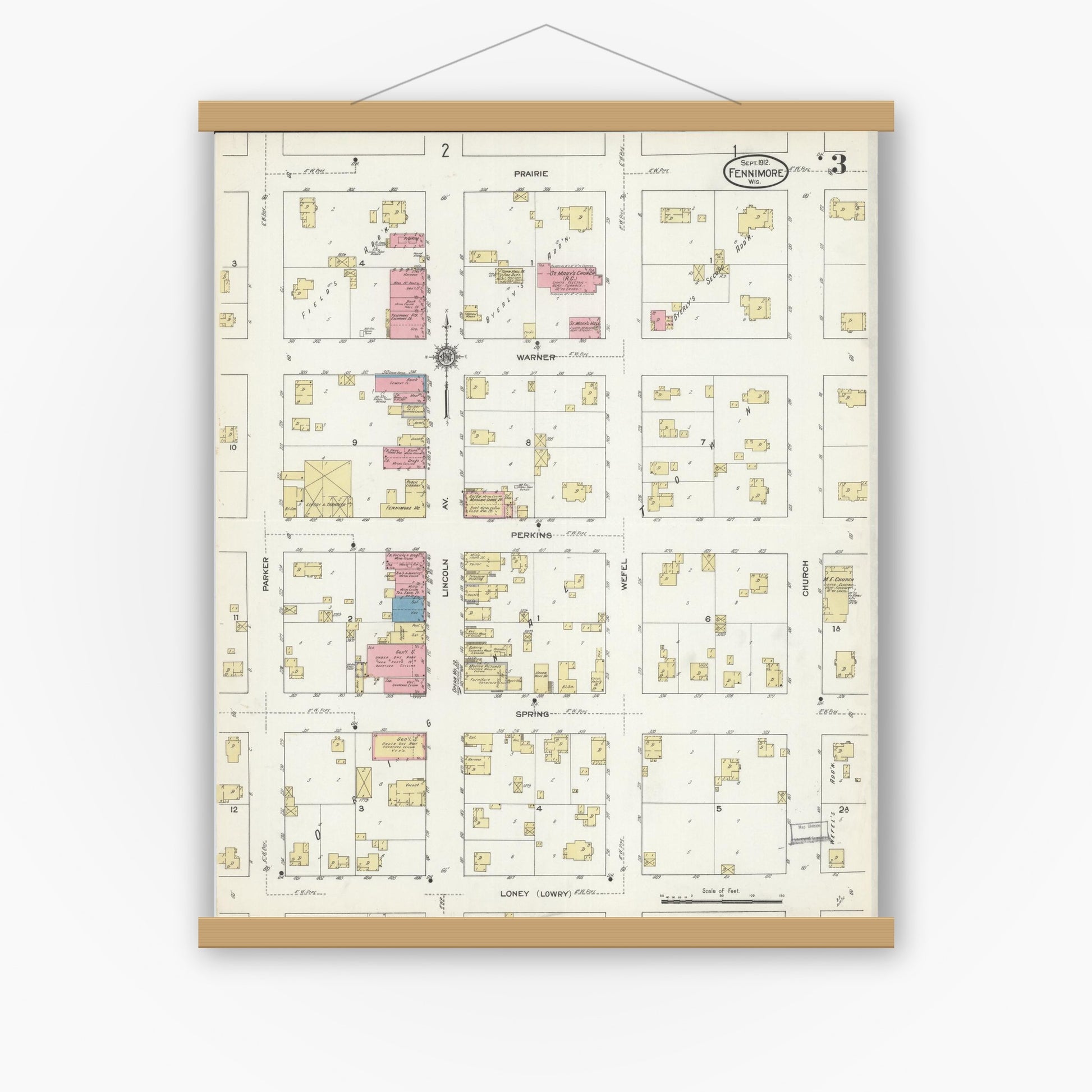 Old map wall art mockup — magnetic wood frame on white wall — Sanborn Fire Insurance Map from Fennimore, Grant County, Wisconsin (1912), Sheet #0003