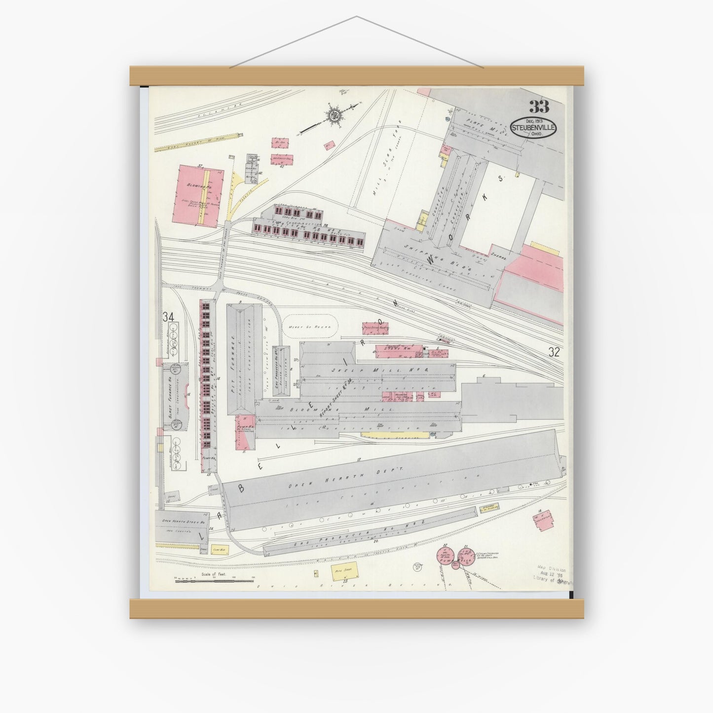 Old map wall art mockup — magnetic wood frame on white wall — Sanborn Fire Insurance Map from Steubenville, Jefferson County, Ohio (1913), Sheet #0033
