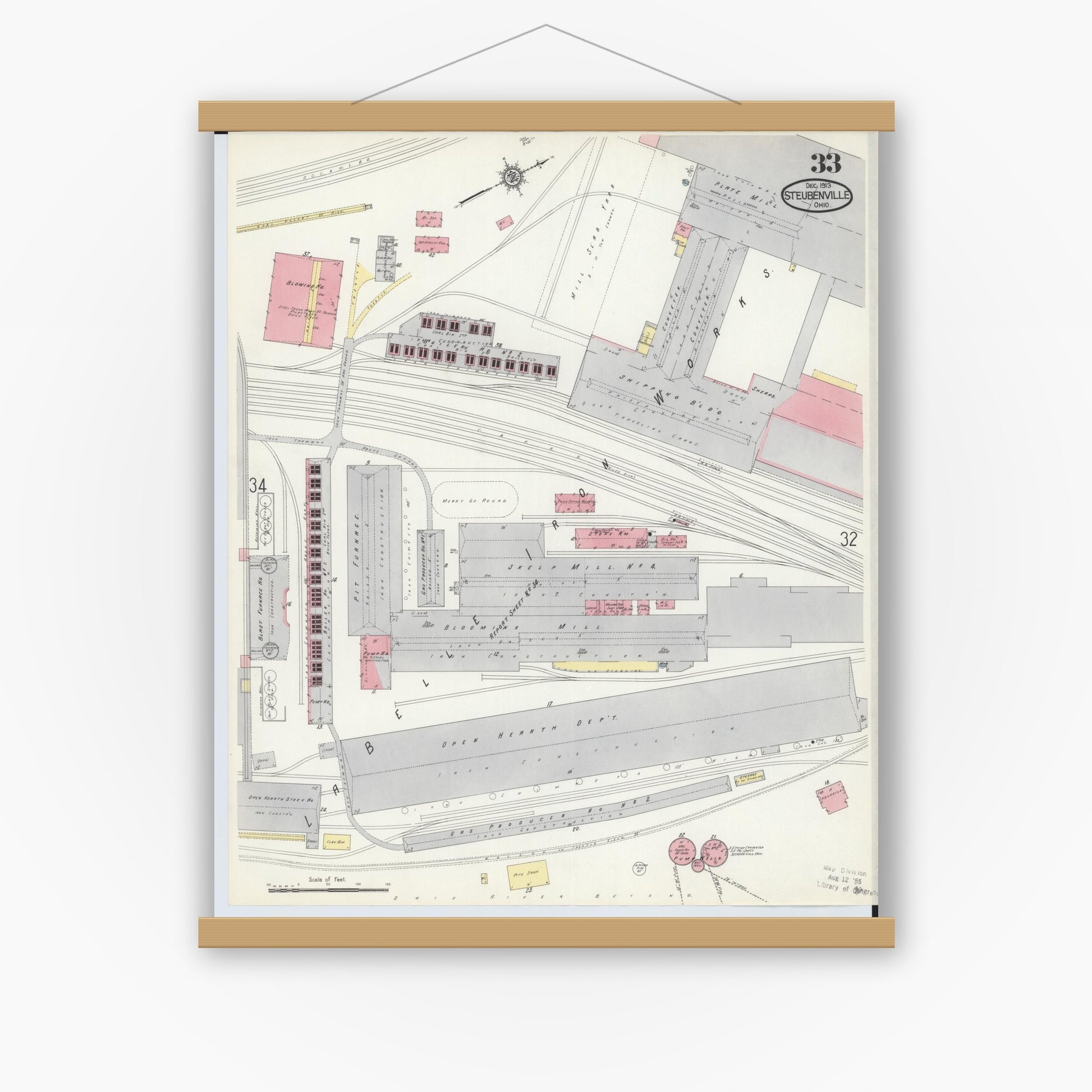 Old map wall art mockup — magnetic wood frame on white wall — Sanborn Fire Insurance Map from Steubenville, Jefferson County, Ohio (1913), Sheet #0033