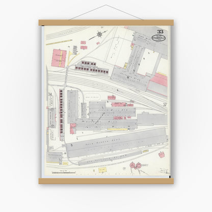 Old map wall art mockup — magnetic wood frame on white wall — Sanborn Fire Insurance Map from Steubenville, Jefferson County, Ohio (1913), Sheet #0033