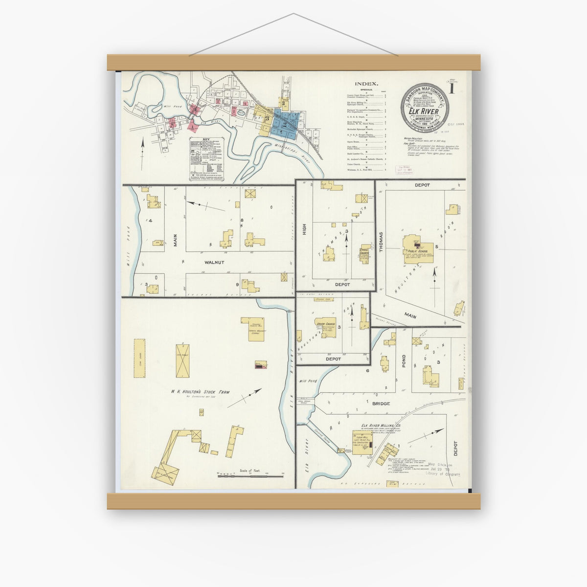 Old map wall art mockup — magnetic wood frame on white wall — Sanborn Fire Insurance Map from Elk River, Sherburne County, Minnesota (1911), Sheet #0001