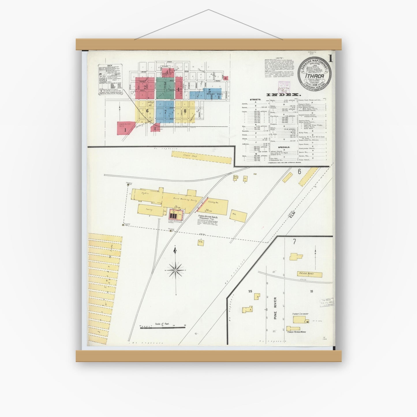 Old map wall art mockup — magnetic wood frame on white wall — Sanborn Fire Insurance Map from Ithaca, Gratiot County, Michigan (1906) - Complete Map Set