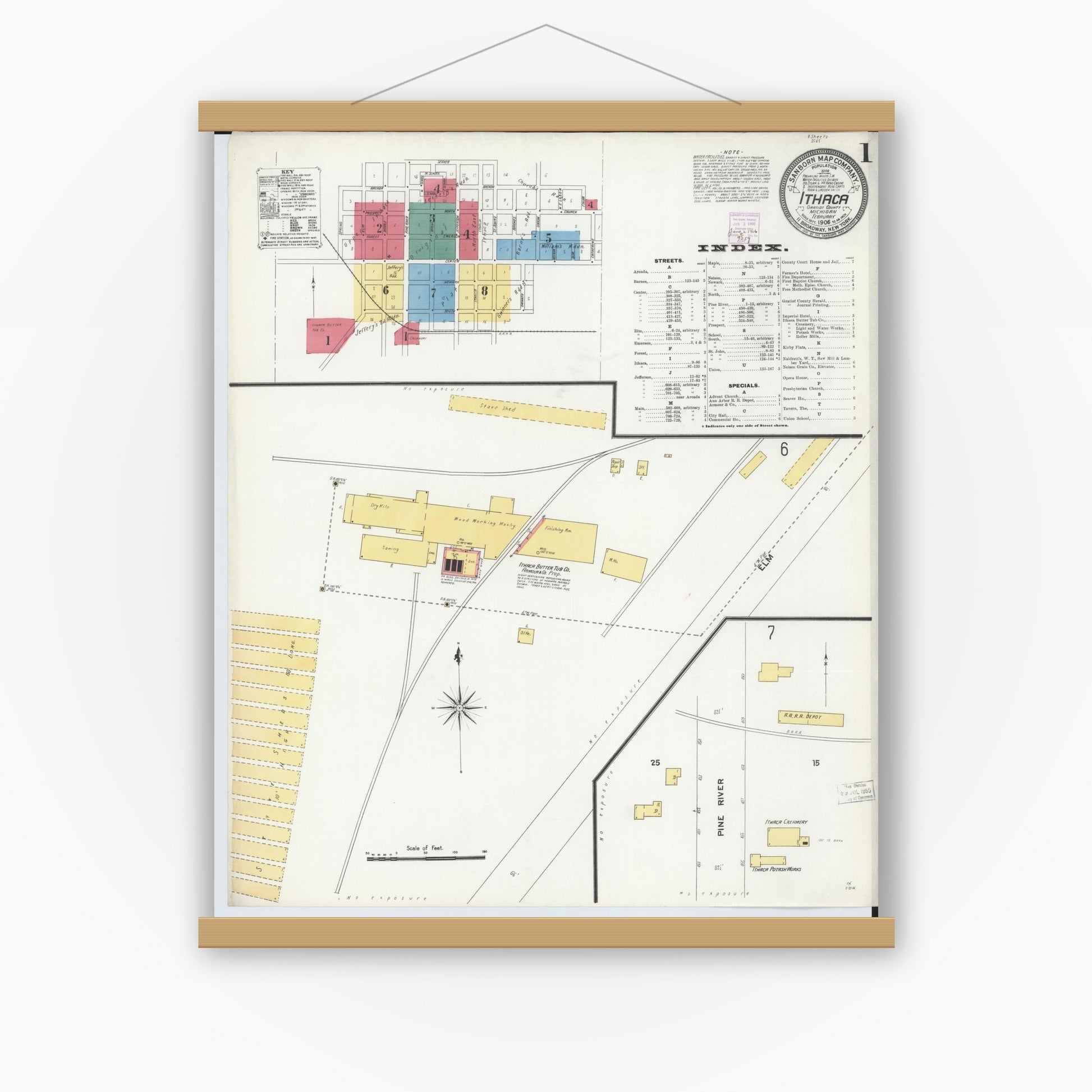 Old map wall art mockup — magnetic wood frame on white wall — Sanborn Fire Insurance Map from Ithaca, Gratiot County, Michigan (1906) - Complete Map Set