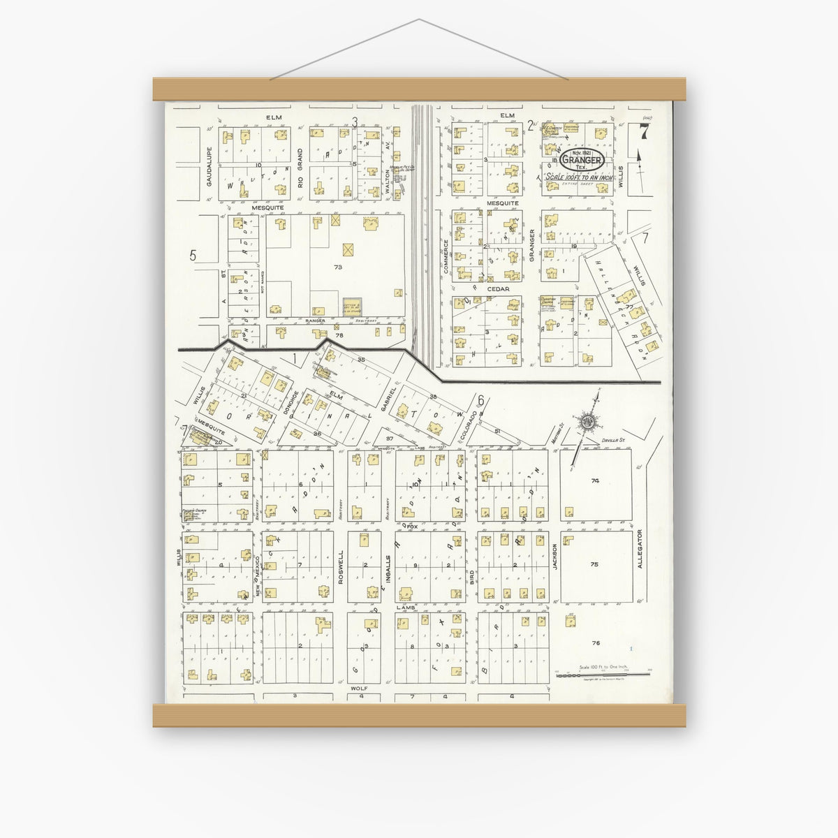 Old map wall art mockup — magnetic wood frame on white wall — Sanborn Fire Insurance Map from Granger, Williamson County, Texas (1921), Sheet #0007