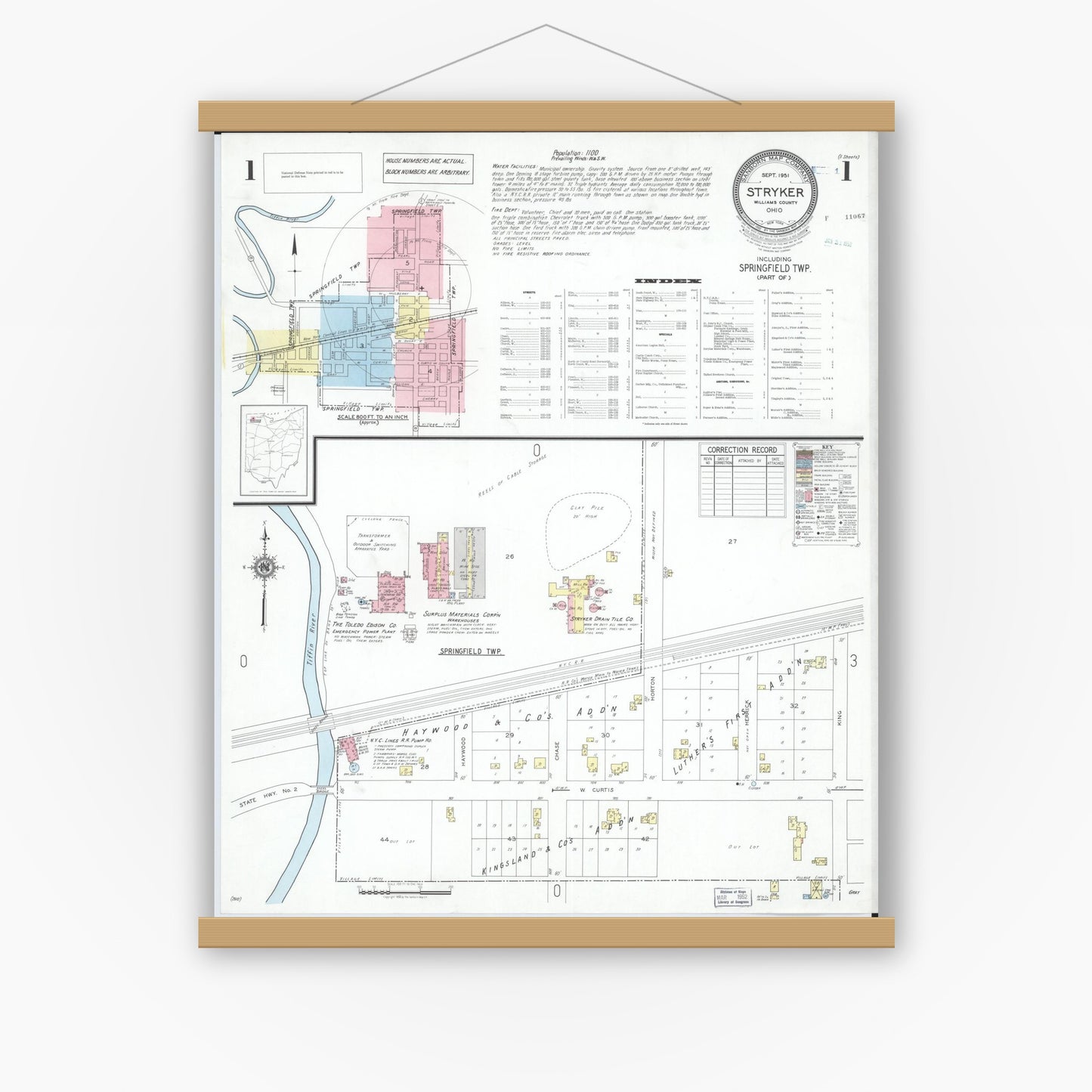 Old map wall art mockup — magnetic wood frame on white wall — Sanborn Fire Insurance Map from Stryker, Williams County, Ohio (1951) - Complete Map Set