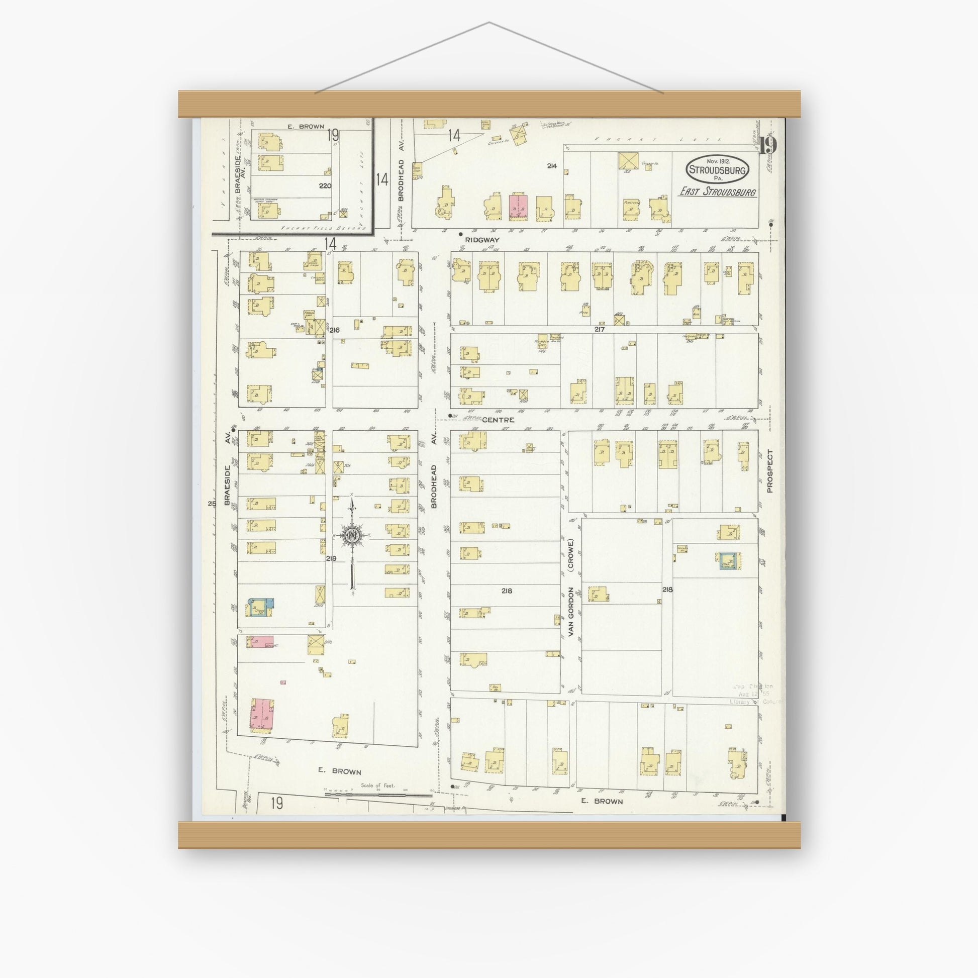 Old map wall art mockup — magnetic wood frame on white wall — Sanborn Fire Insurance Map from Stroudsburg, Monroe County, Pennsylvania (1912), Sheet #0019