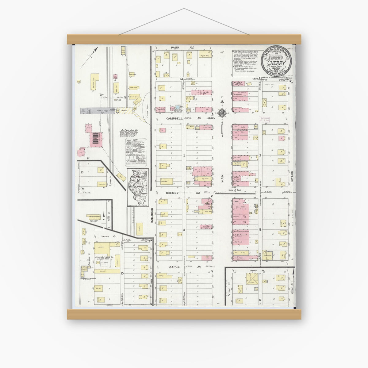 Old map wall art mockup — magnetic wood frame on white wall — Sanborn Fire Insurance Map from Cherry, Bureau County, Illinois (1915), Sheet #0001