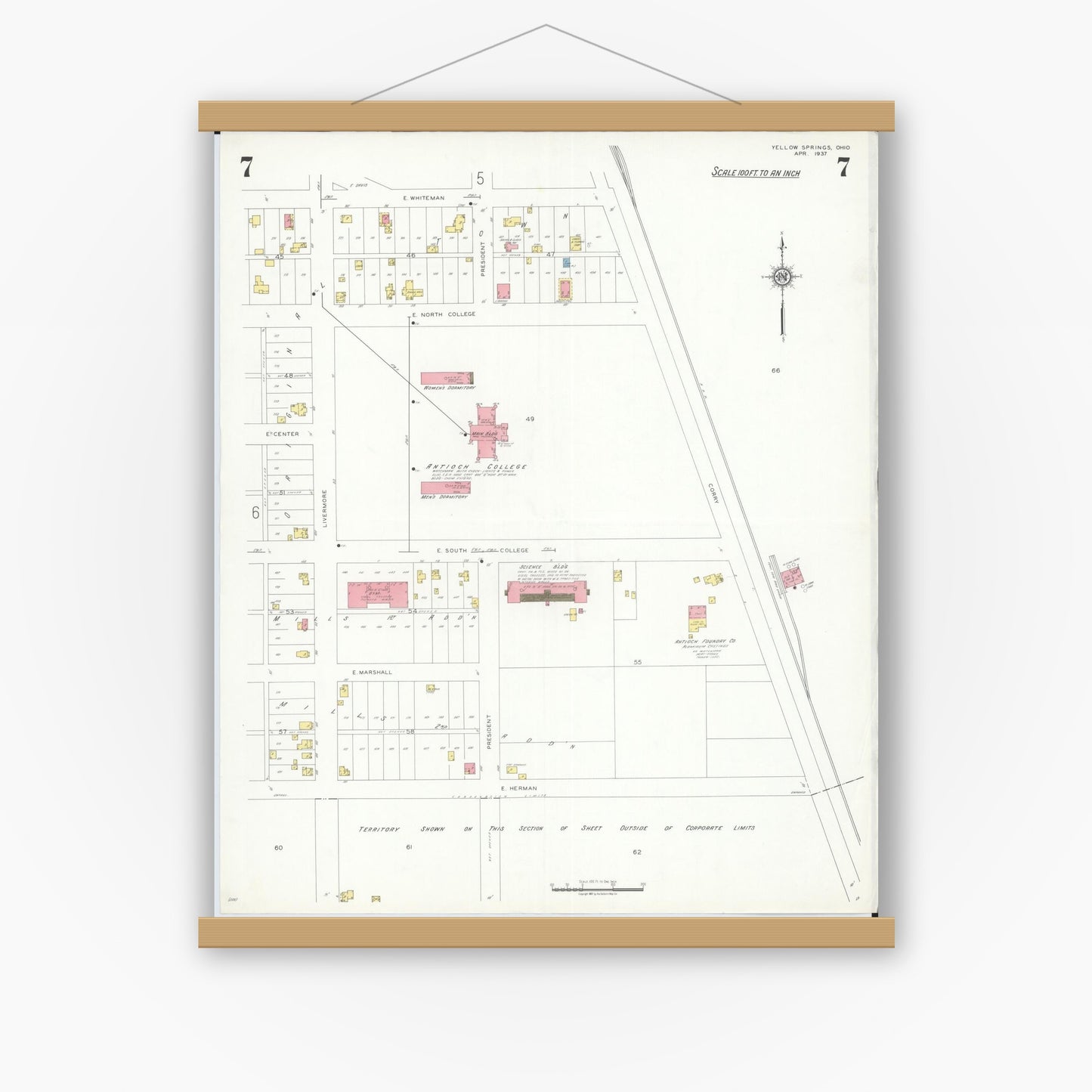 Old map wall art mockup — magnetic wood frame on white wall — Sanborn Fire Insurance Map from Yellow Springs, Greene County, Ohio (1937), Sheet #0007